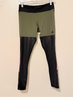 Adidas Womens Olive Green and Black Leggings with Pink Trim